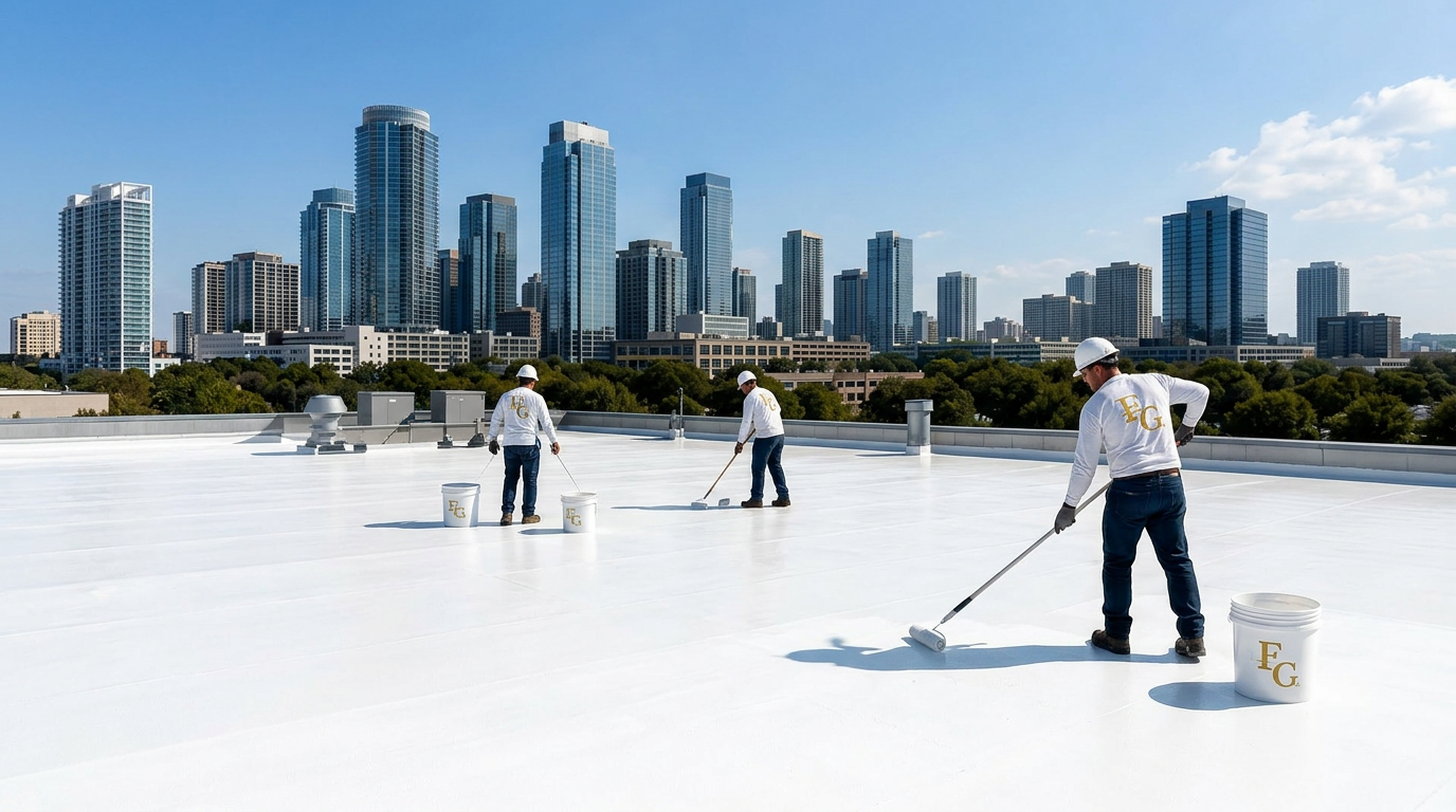 Fiber‑G certified crew applying protective coating on a commercial flat roof